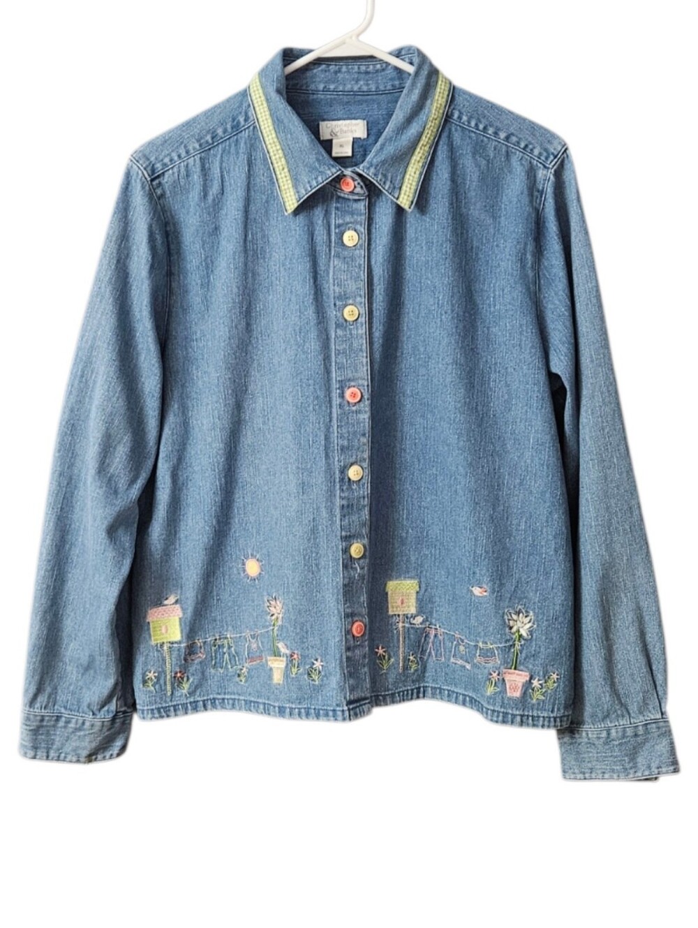 Christopher & Banks Denim Shirt Jacket Embroidered Women XL Birds Floral Garden